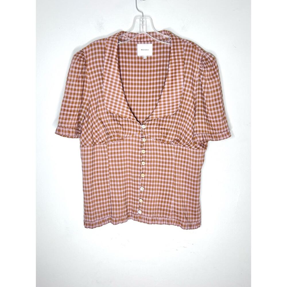Reformation Olli Top Audrie Check Short Sleeves Button Front Sz 12 - Picture 2 of 6